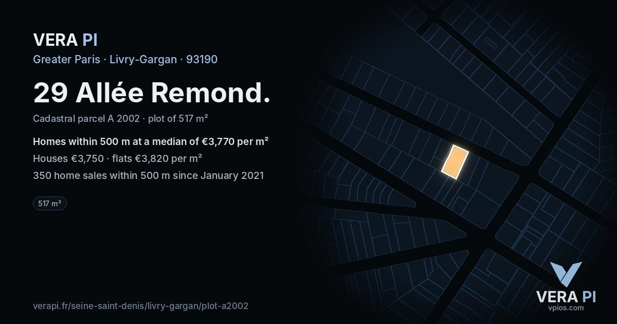 29 Allée Remond, Livry-Gargan at night – the plot lit, the parcels around coloured by the prices near them
