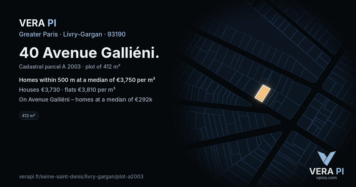 40 Avenue Galliéni, Livry-Gargan at night – the plot lit, the parcels around coloured by the prices near them