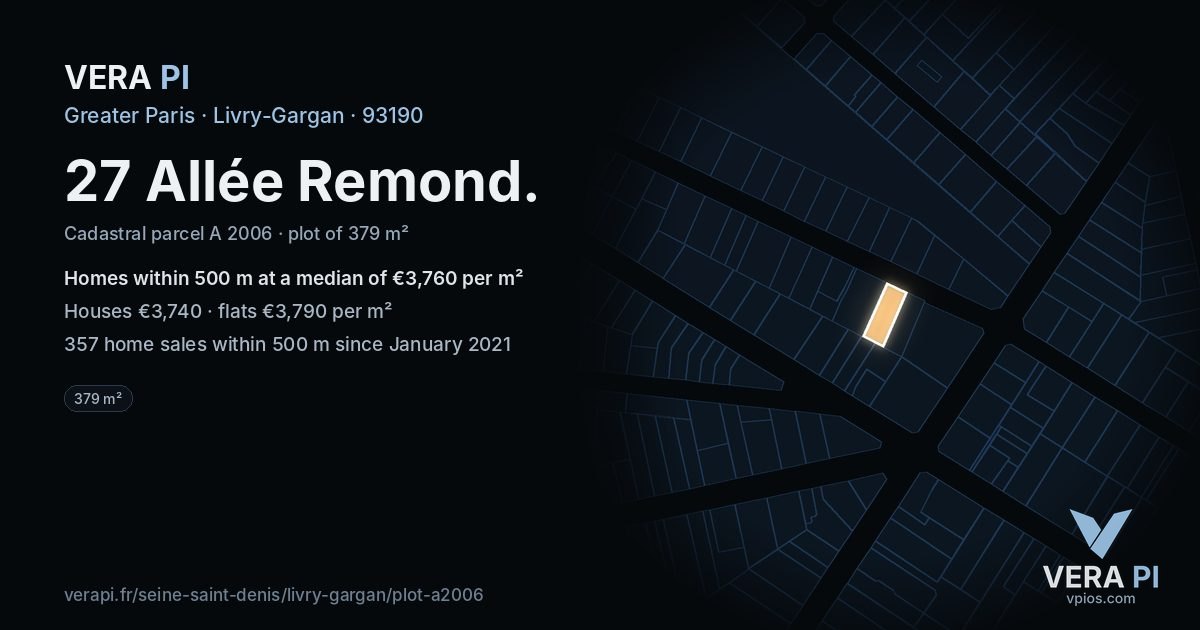 27 Allée Remond, Livry-Gargan at night – the plot lit, the parcels around coloured by the prices near them