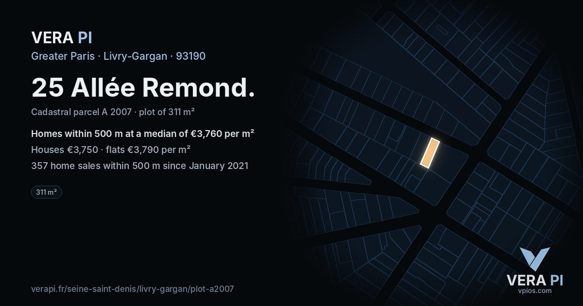 25 Allée Remond, Livry-Gargan at night – the plot lit, the parcels around coloured by the prices near them