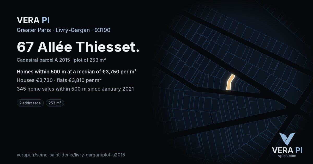 67 Allée Thiesset, Livry-Gargan at night – the plot lit, the parcels around coloured by the prices near them