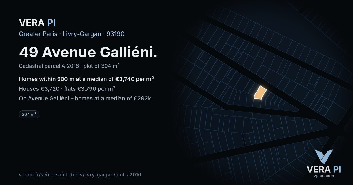 49 Avenue Galliéni, Livry-Gargan at night – the plot lit, the parcels around coloured by the prices near them