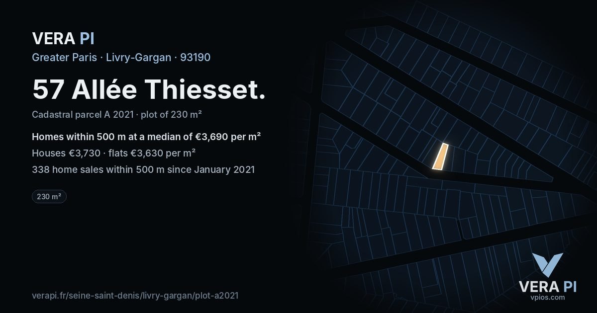 57 Allée Thiesset, Livry-Gargan at night – the plot lit, the parcels around coloured by the prices near them