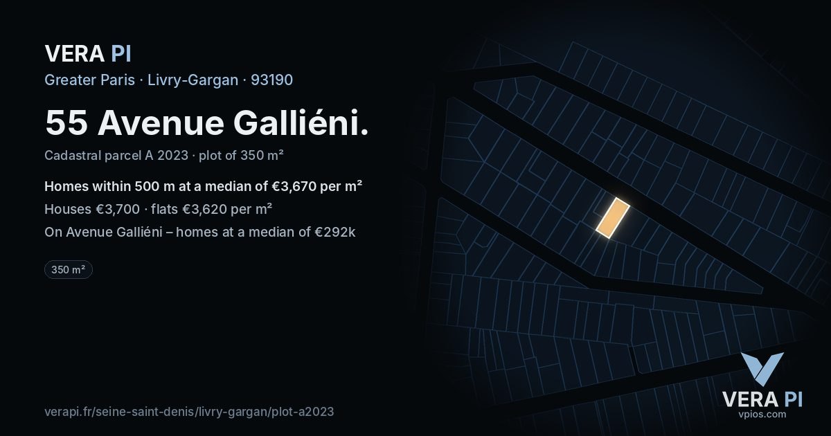 55 Avenue Galliéni, Livry-Gargan at night – the plot lit, the parcels around coloured by the prices near them