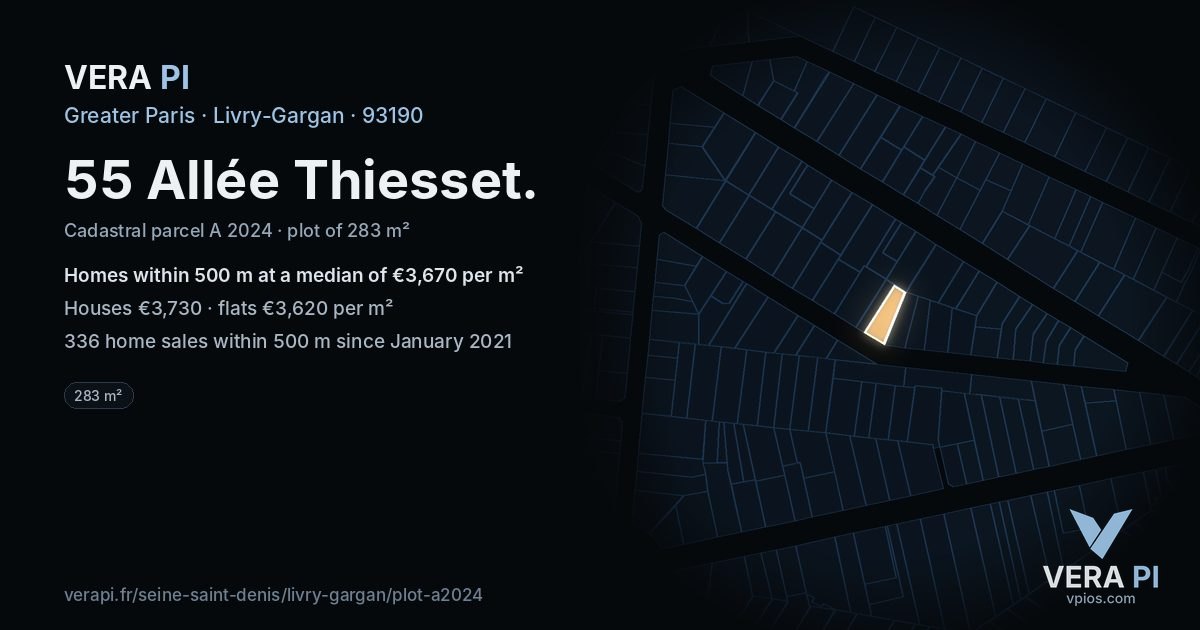 55 Allée Thiesset, Livry-Gargan at night – the plot lit, the parcels around coloured by the prices near them