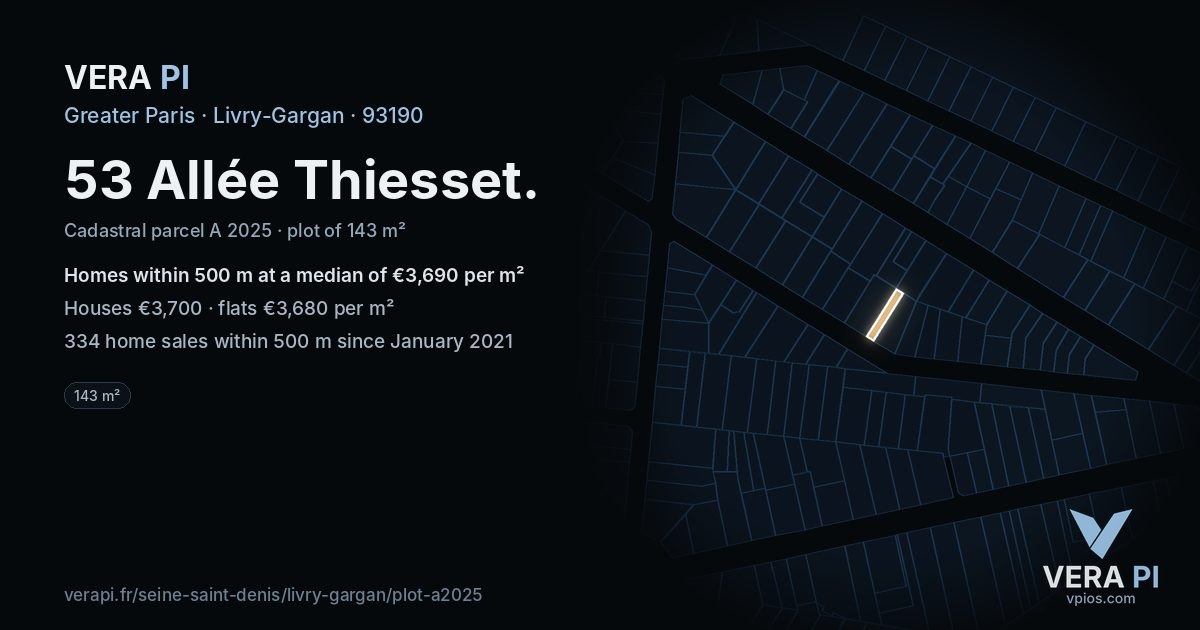 53 Allée Thiesset, Livry-Gargan at night – the plot lit, the parcels around coloured by the prices near them
