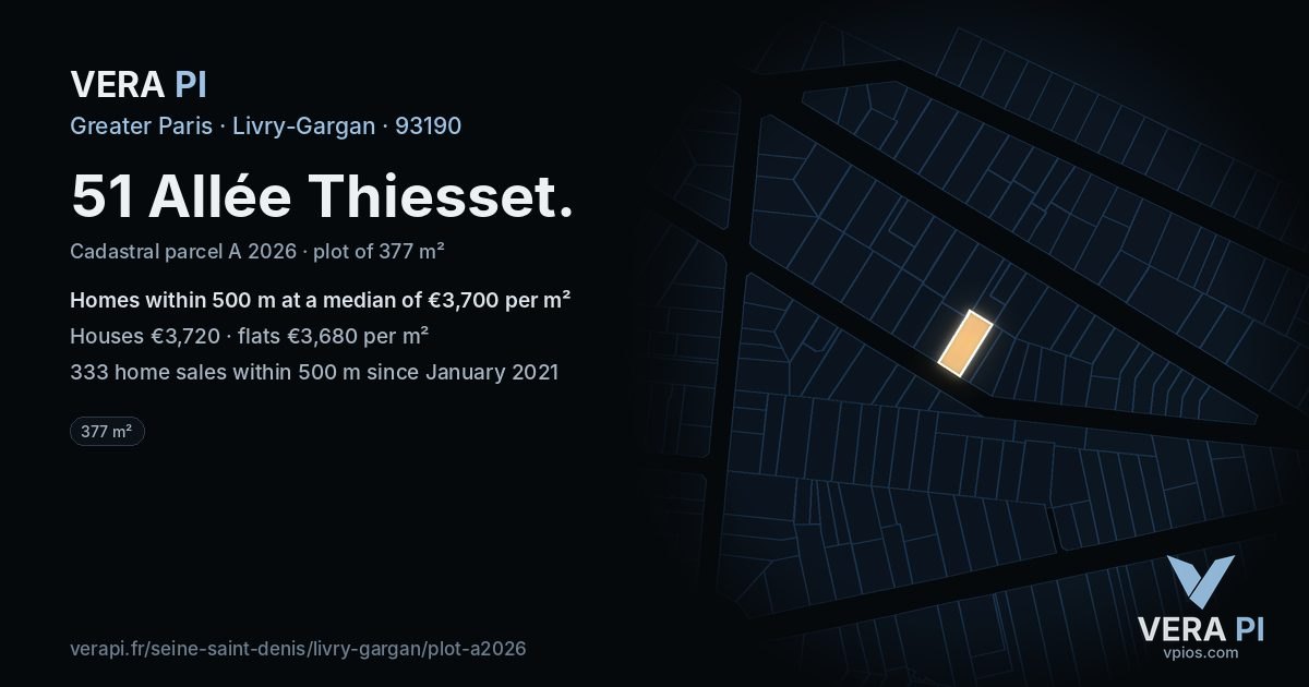 51 Allée Thiesset, Livry-Gargan at night – the plot lit, the parcels around coloured by the prices near them