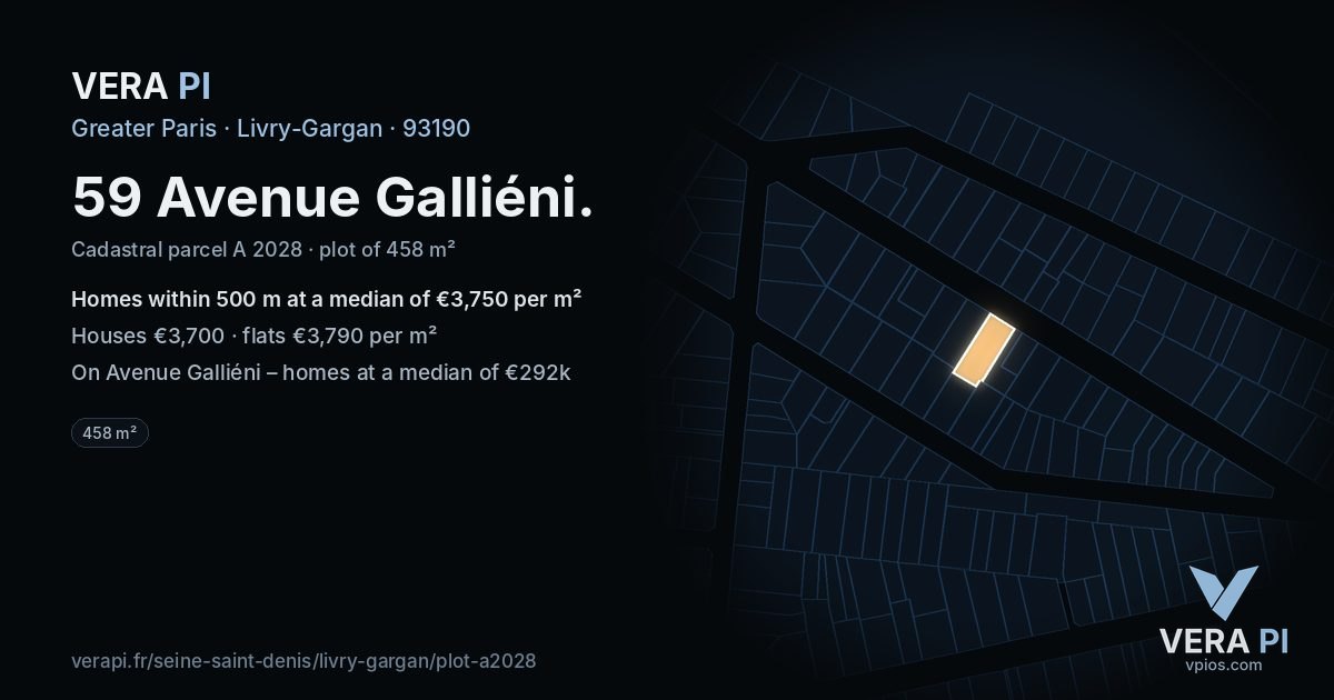 59 Avenue Galliéni, Livry-Gargan at night – the plot lit, the parcels around coloured by the prices near them