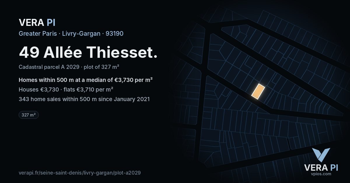 49 Allée Thiesset, Livry-Gargan at night – the plot lit, the parcels around coloured by the prices near them