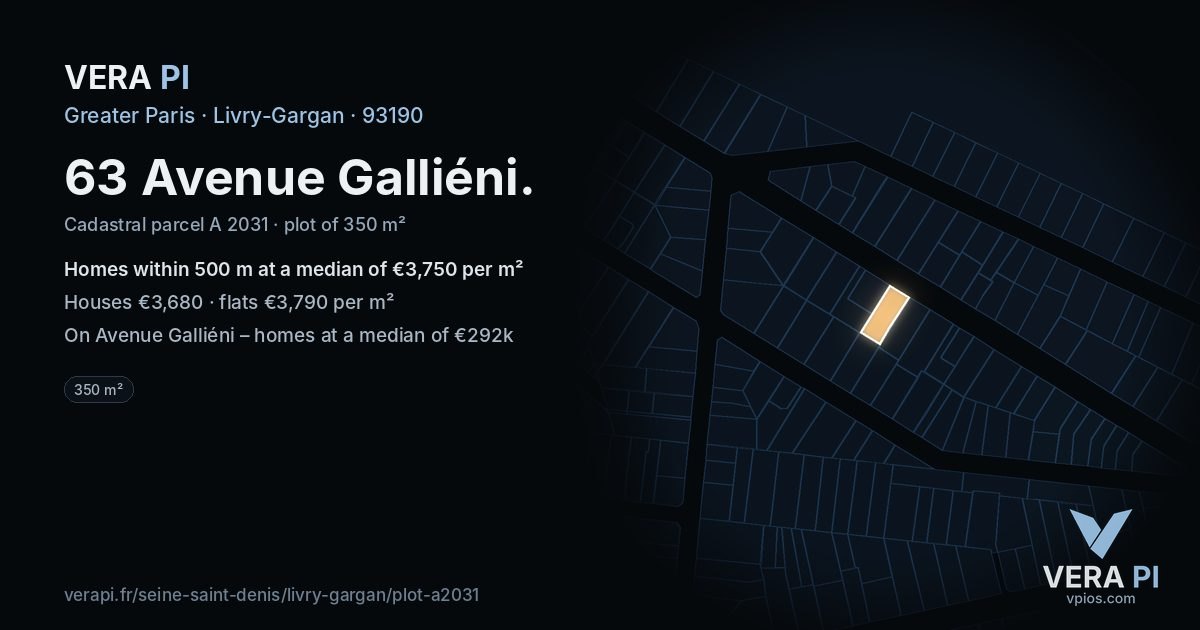 63 Avenue Galliéni, Livry-Gargan at night – the plot lit, the parcels around coloured by the prices near them