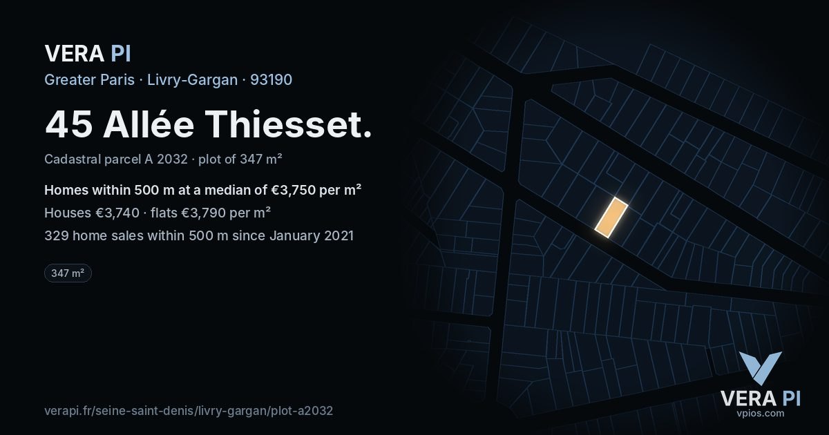 45 Allée Thiesset, Livry-Gargan at night – the plot lit, the parcels around coloured by the prices near them