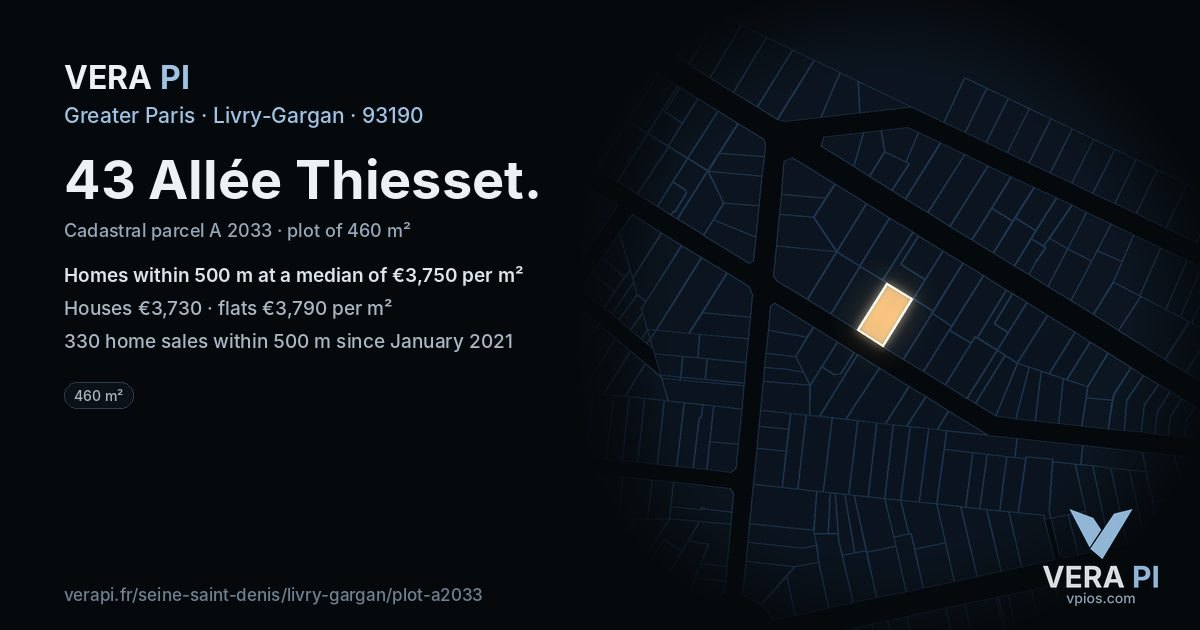 43 Allée Thiesset, Livry-Gargan at night – the plot lit, the parcels around coloured by the prices near them