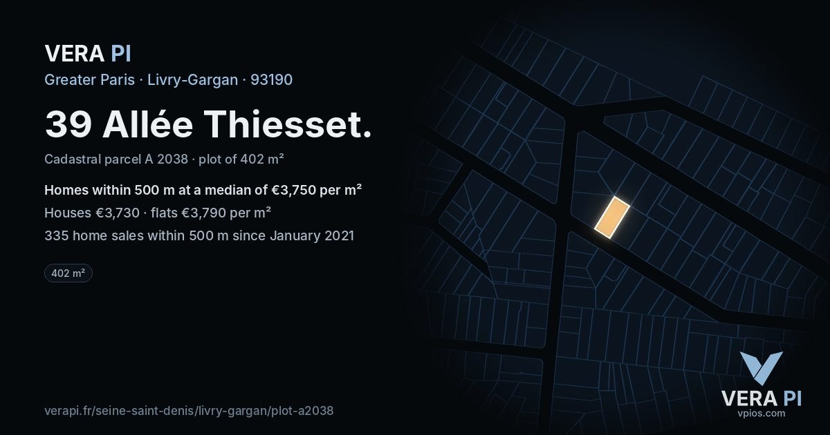 39 Allée Thiesset, Livry-Gargan at night – the plot lit, the parcels around coloured by the prices near them