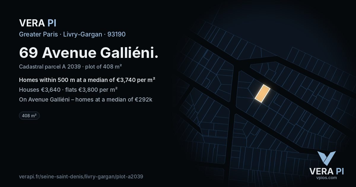 69 Avenue Galliéni, Livry-Gargan at night – the plot lit, the parcels around coloured by the prices near them