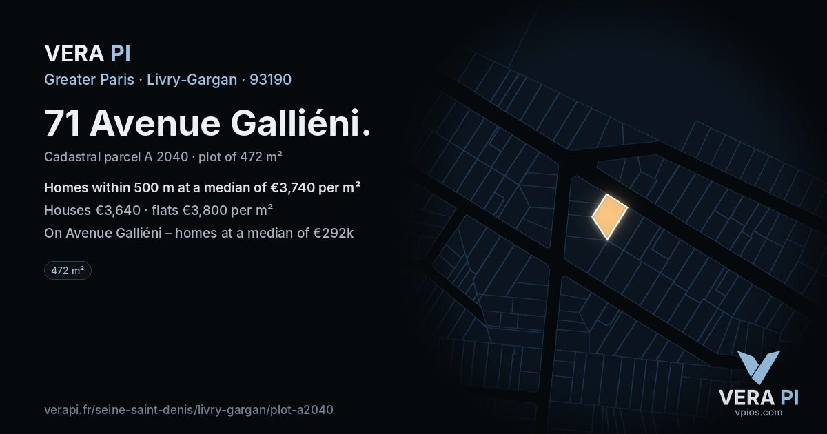 71 Avenue Galliéni, Livry-Gargan at night – the plot lit, the parcels around coloured by the prices near them