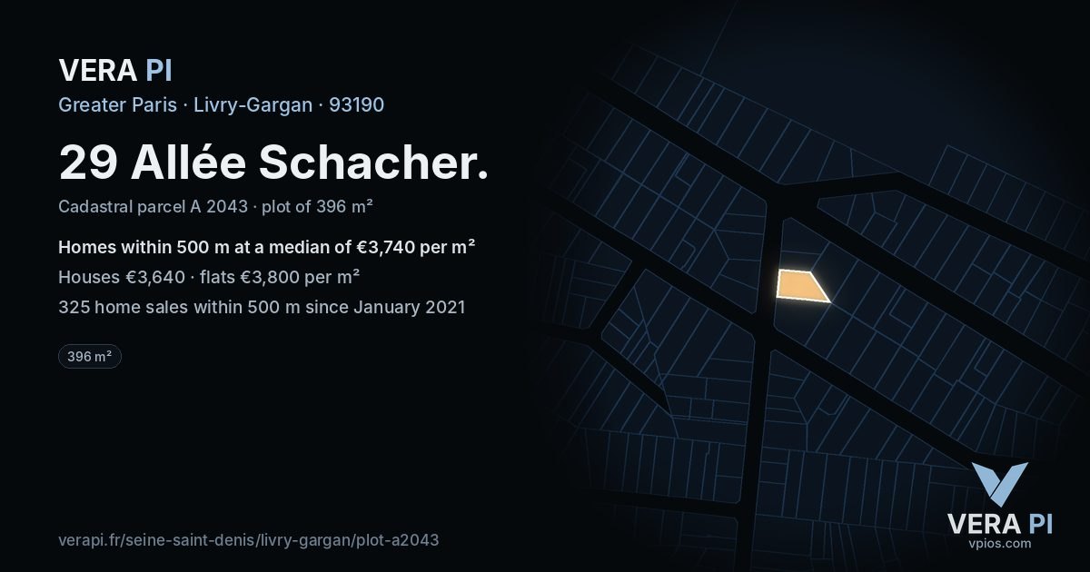 29 Allée Schacher, Livry-Gargan at night – the plot lit, the parcels around coloured by the prices near them