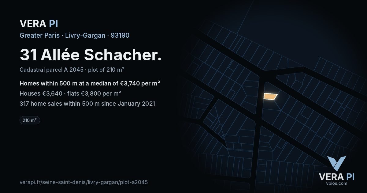 31 Allée Schacher, Livry-Gargan at night – the plot lit, the parcels around coloured by the prices near them