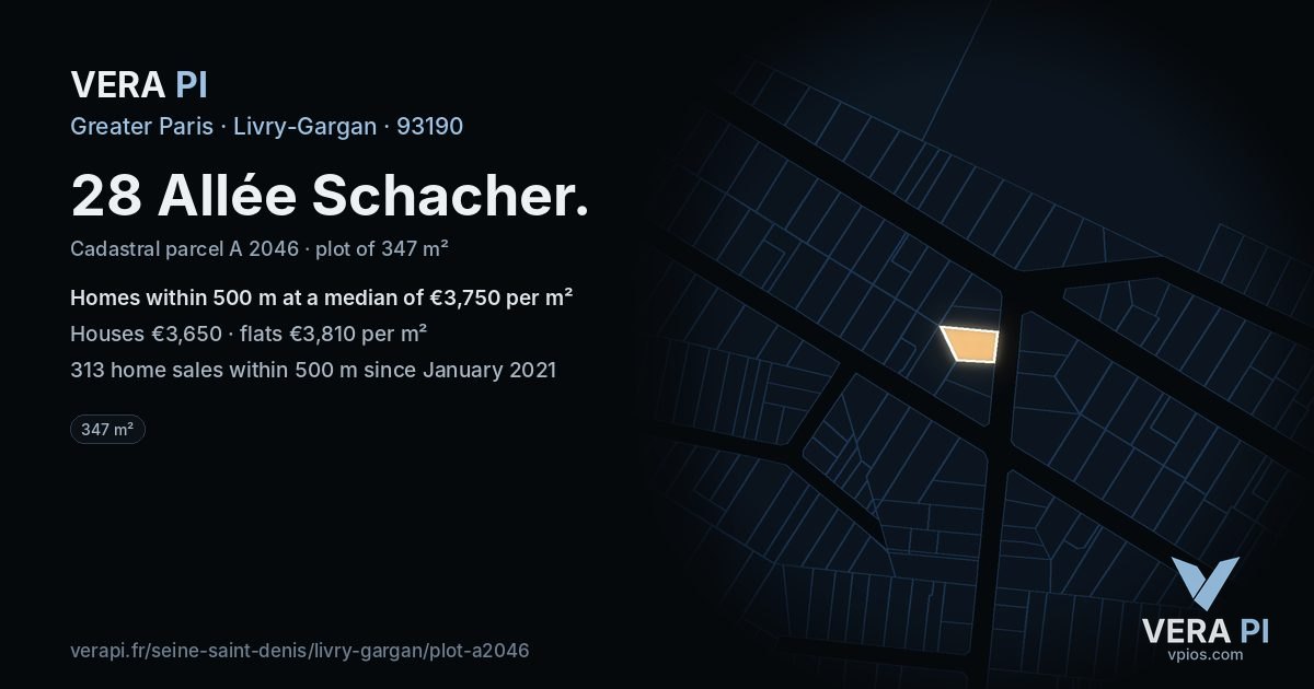 28 Allée Schacher, Livry-Gargan at night – the plot lit, the parcels around coloured by the prices near them