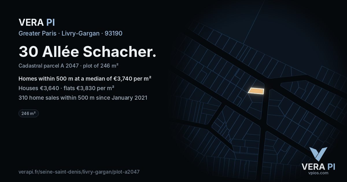 30 Allée Schacher, Livry-Gargan at night – the plot lit, the parcels around coloured by the prices near them