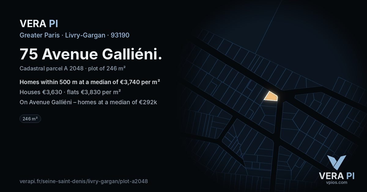 75 Avenue Galliéni, Livry-Gargan at night – the plot lit, the parcels around coloured by the prices near them