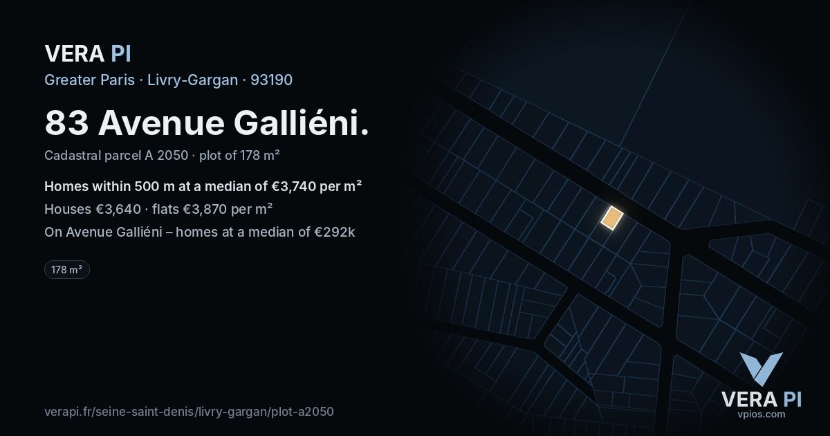 83 Avenue Galliéni, Livry-Gargan at night – the plot lit, the parcels around coloured by the prices near them