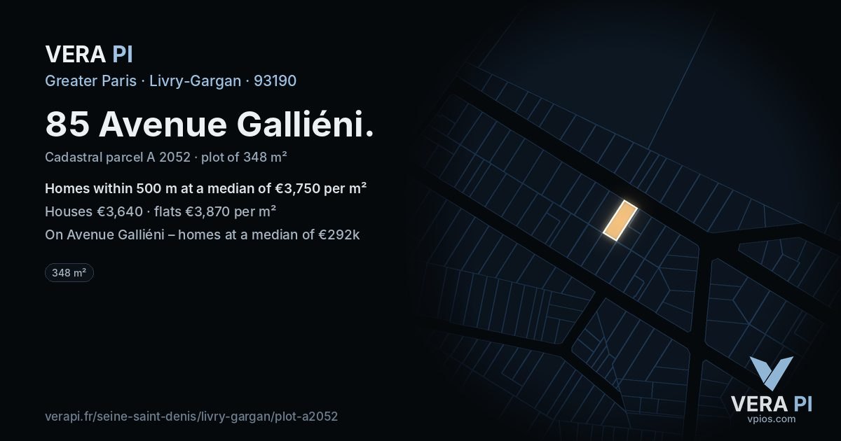 85 Avenue Galliéni, Livry-Gargan at night – the plot lit, the parcels around coloured by the prices near them