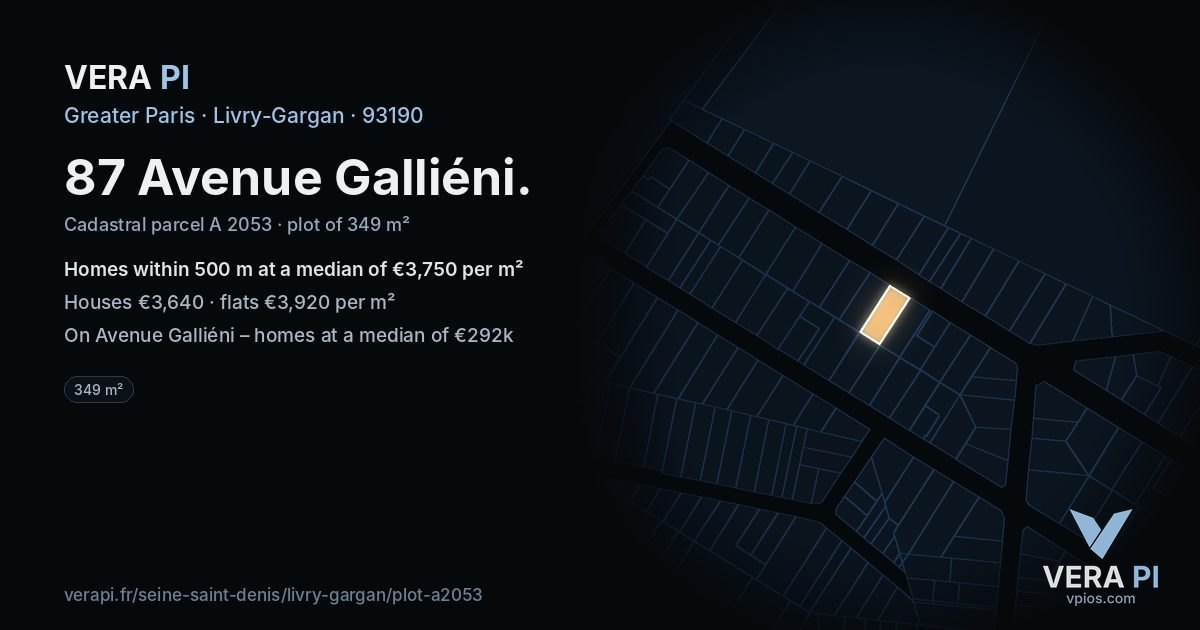 87 Avenue Galliéni, Livry-Gargan at night – the plot lit, the parcels around coloured by the prices near them