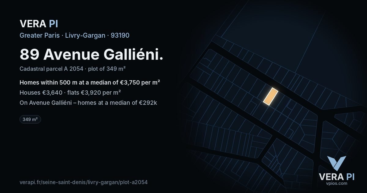 89 Avenue Galliéni, Livry-Gargan at night – the plot lit, the parcels around coloured by the prices near them
