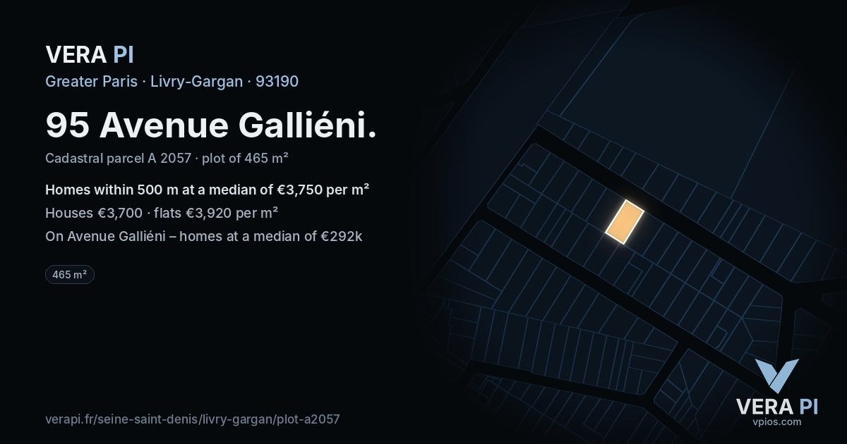 95 Avenue Galliéni, Livry-Gargan at night – the plot lit, the parcels around coloured by the prices near them