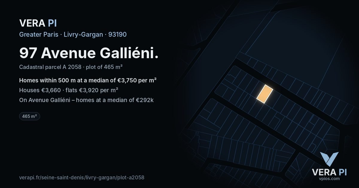 97 Avenue Galliéni, Livry-Gargan at night – the plot lit, the parcels around coloured by the prices near them