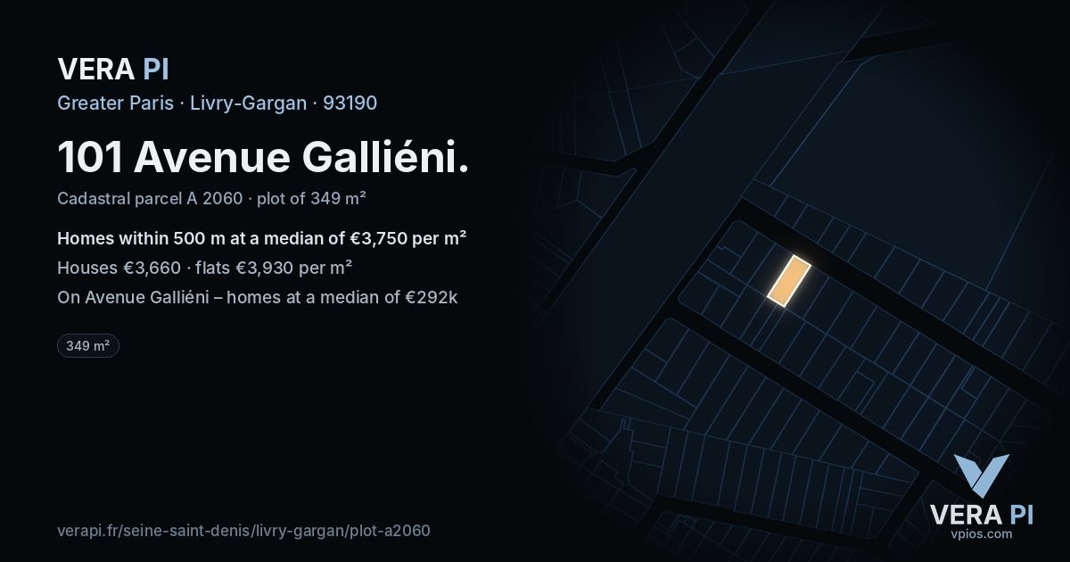 101 Avenue Galliéni, Livry-Gargan at night – the plot lit, the parcels around coloured by the prices near them