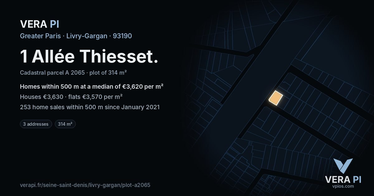 1 Allée Thiesset, Livry-Gargan at night – the plot lit, the parcels around coloured by the prices near them