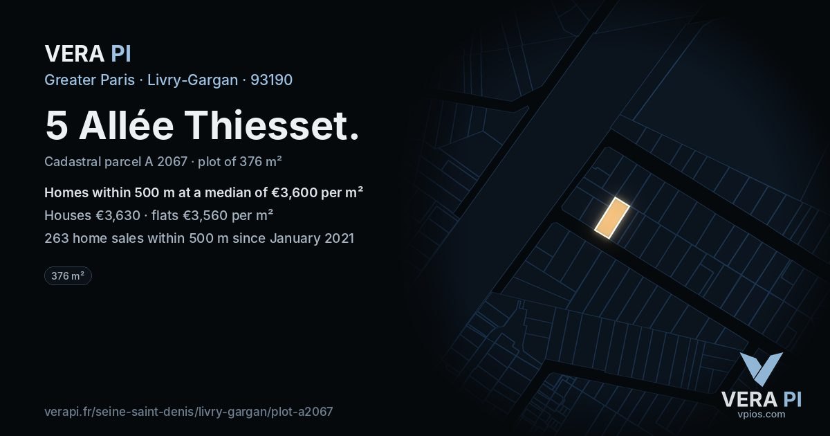 5 Allée Thiesset, Livry-Gargan at night – the plot lit, the parcels around coloured by the prices near them