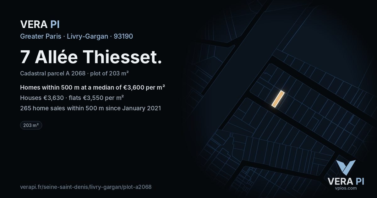 7 Allée Thiesset, Livry-Gargan at night – the plot lit, the parcels around coloured by the prices near them