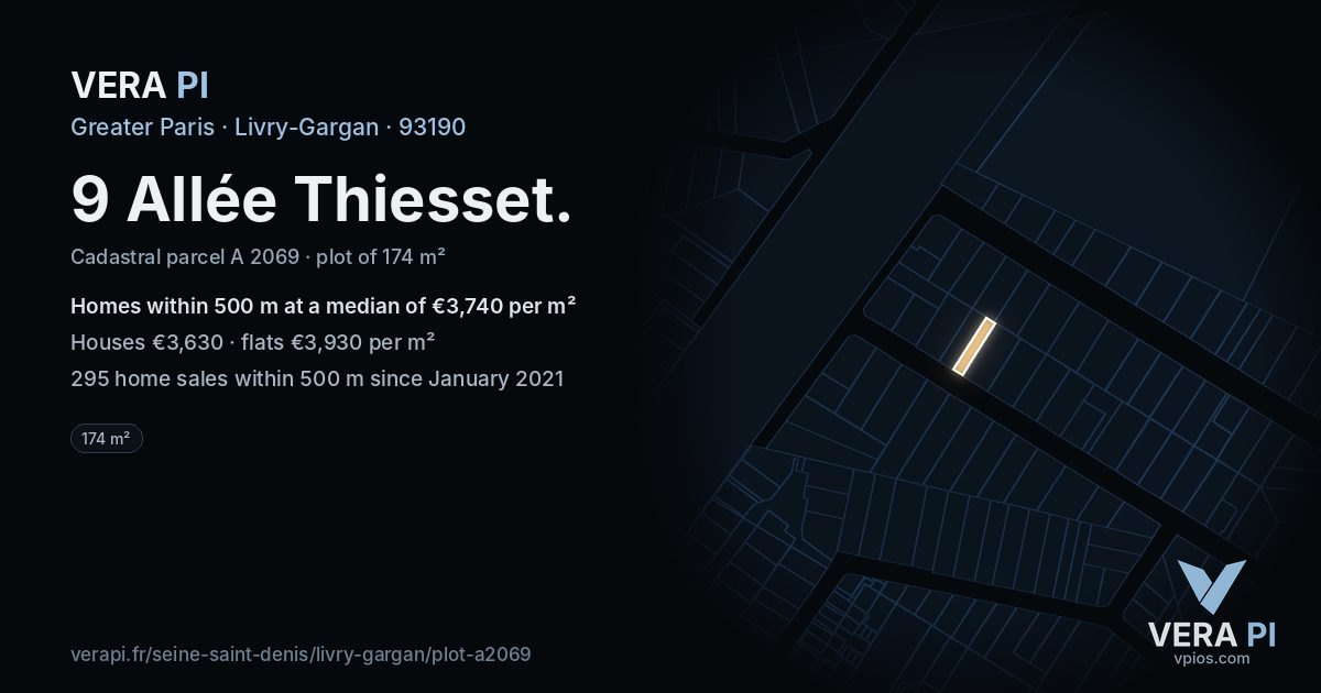 9 Allée Thiesset, Livry-Gargan at night – the plot lit, the parcels around coloured by the prices near them