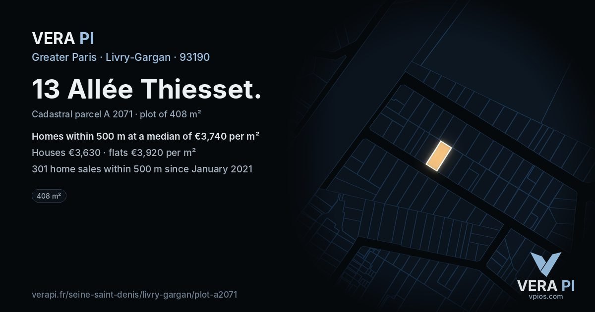 13 Allée Thiesset, Livry-Gargan at night – the plot lit, the parcels around coloured by the prices near them