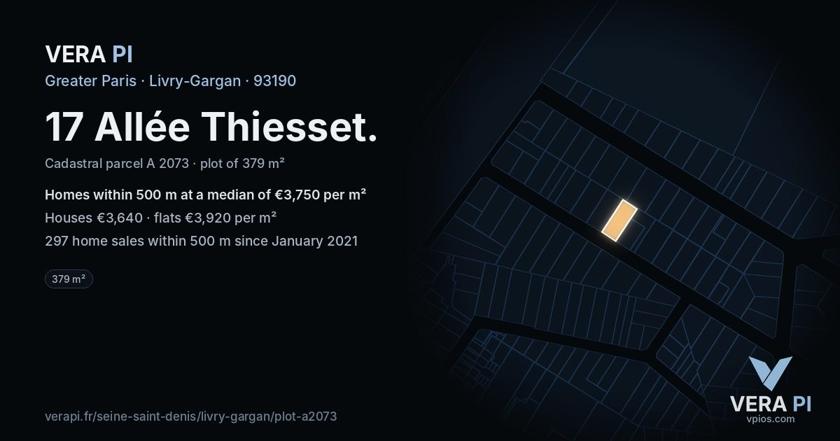17 Allée Thiesset, Livry-Gargan at night – the plot lit, the parcels around coloured by the prices near them