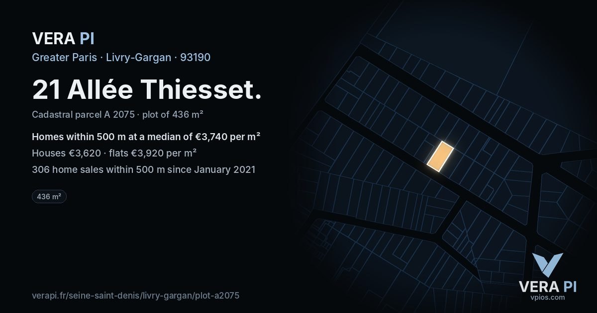 21 Allée Thiesset, Livry-Gargan at night – the plot lit, the parcels around coloured by the prices near them