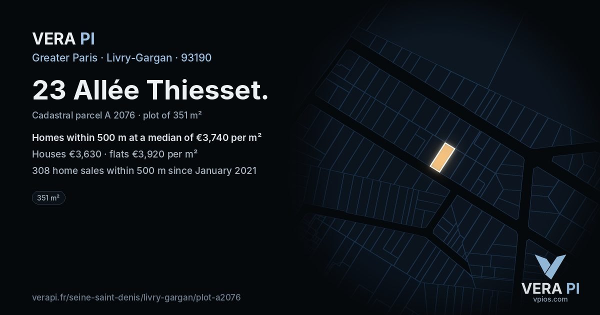 23 Allée Thiesset, Livry-Gargan at night – the plot lit, the parcels around coloured by the prices near them