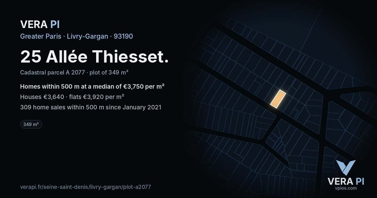 25 Allée Thiesset, Livry-Gargan at night – the plot lit, the parcels around coloured by the prices near them
