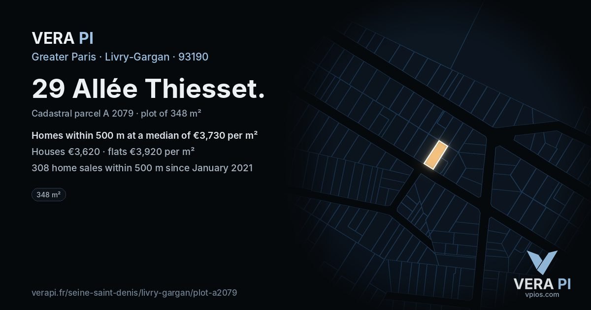29 Allée Thiesset, Livry-Gargan at night – the plot lit, the parcels around coloured by the prices near them