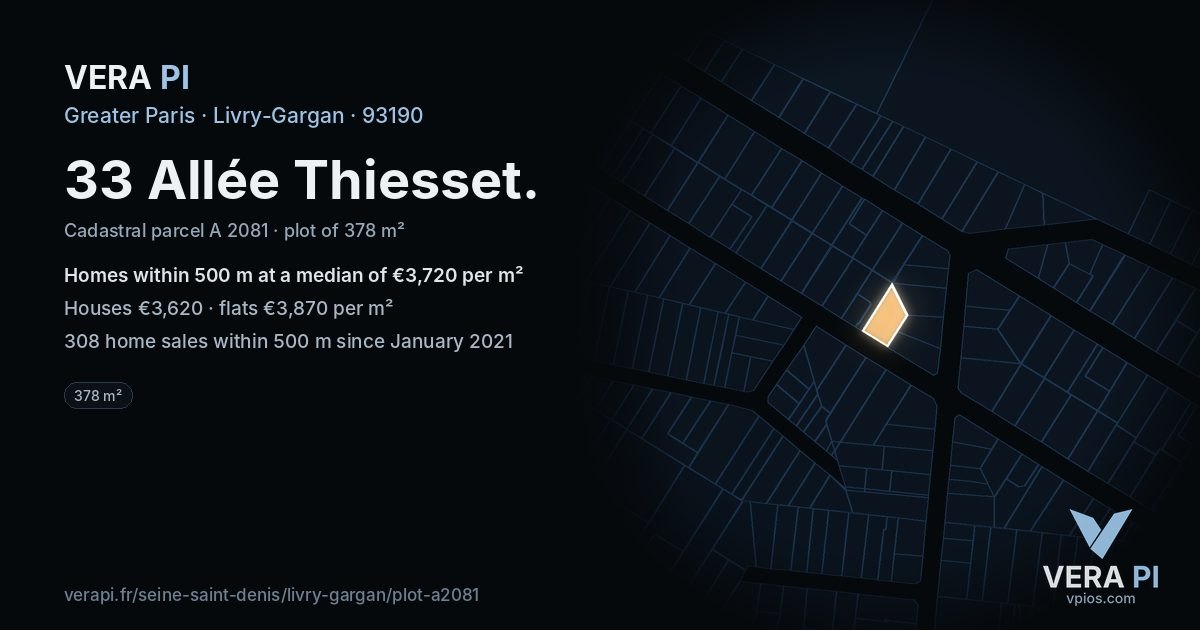 33 Allée Thiesset, Livry-Gargan at night – the plot lit, the parcels around coloured by the prices near them