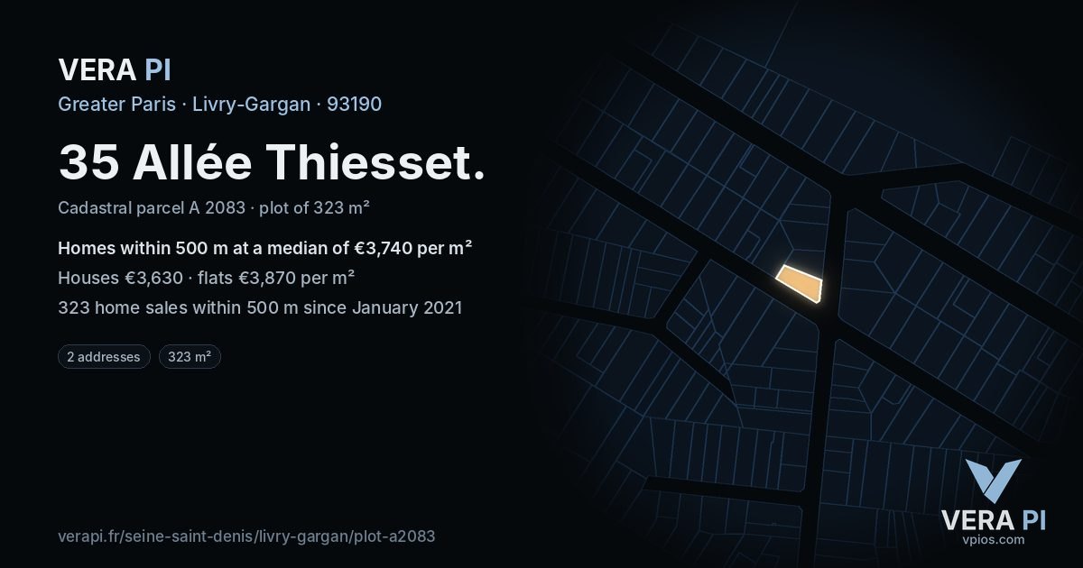 35 Allée Thiesset, Livry-Gargan at night – the plot lit, the parcels around coloured by the prices near them