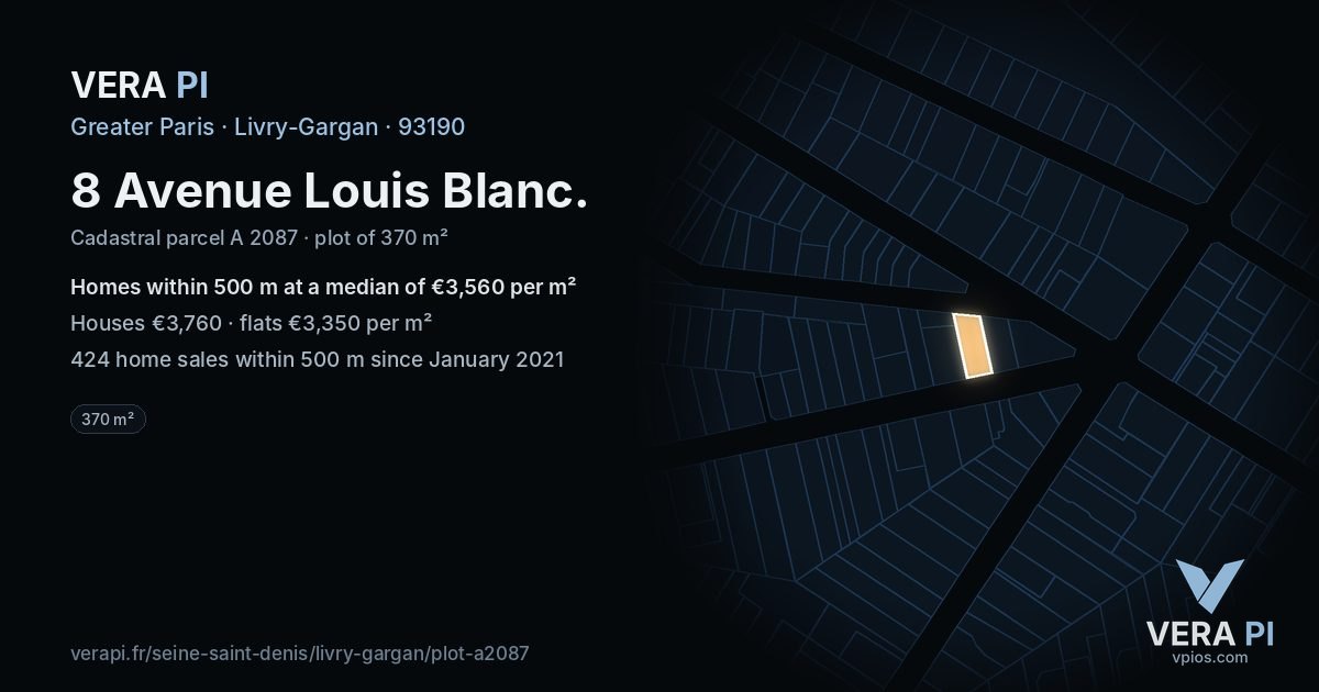 8 Avenue Louis Blanc, Livry-Gargan at night – the plot lit, the parcels around coloured by the prices near them