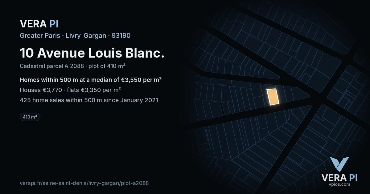 10 Avenue Louis Blanc, Livry-Gargan at night – the plot lit, the parcels around coloured by the prices near them