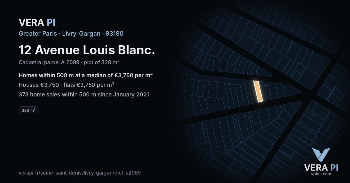12 Avenue Louis Blanc, Livry-Gargan at night – the plot lit, the parcels around coloured by the prices near them