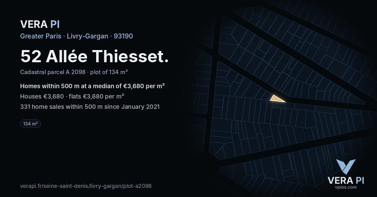 52 Allée Thiesset, Livry-Gargan at night – the plot lit, the parcels around coloured by the prices near them