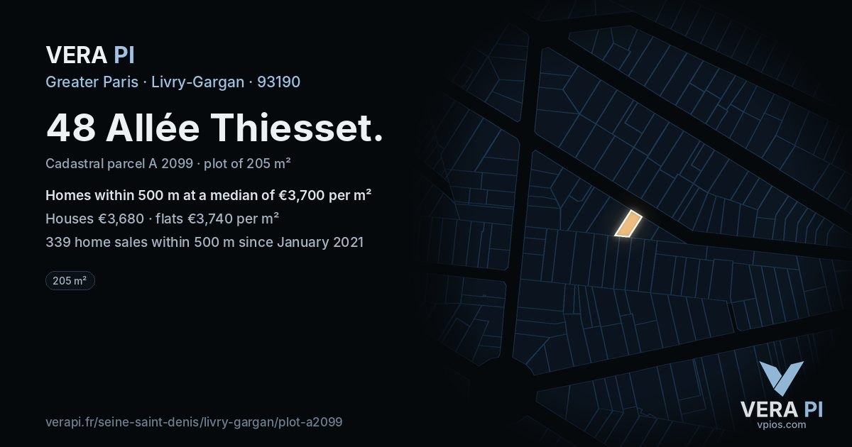 48 Allée Thiesset, Livry-Gargan at night – the plot lit, the parcels around coloured by the prices near them