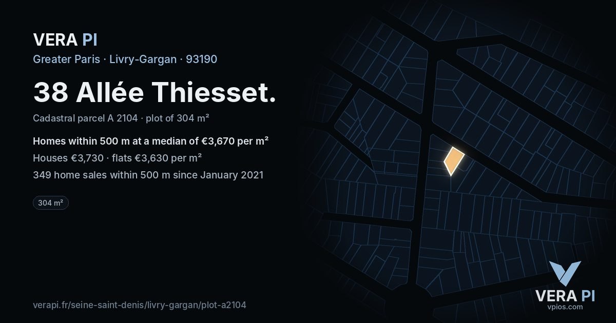 38 Allée Thiesset, Livry-Gargan at night – the plot lit, the parcels around coloured by the prices near them