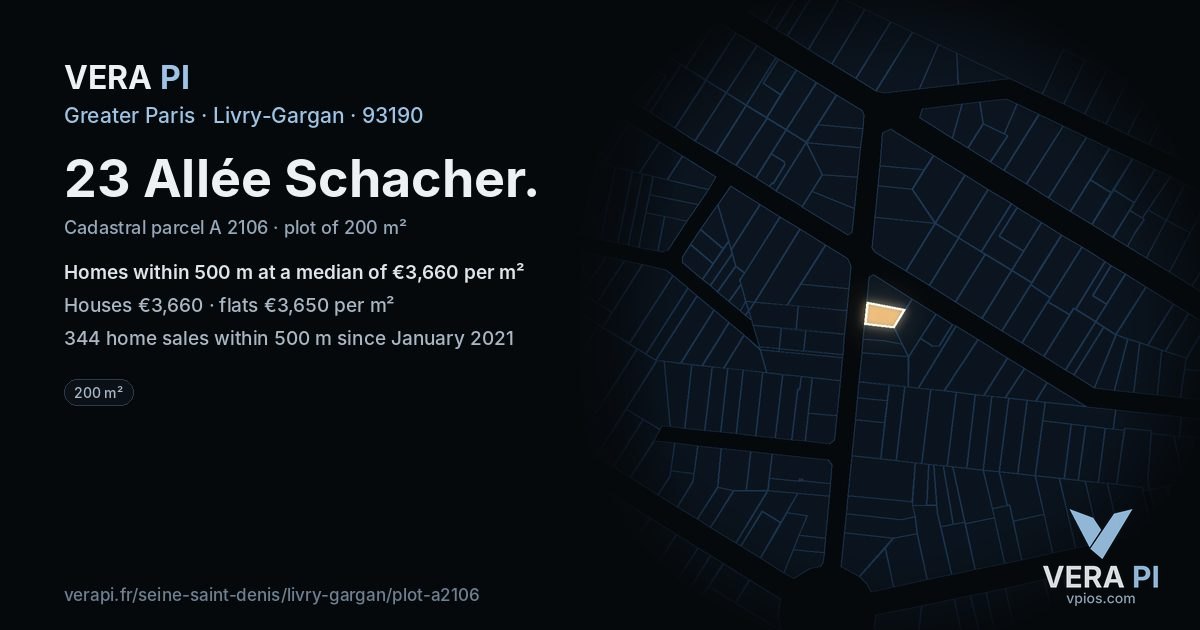 23 Allée Schacher, Livry-Gargan at night – the plot lit, the parcels around coloured by the prices near them